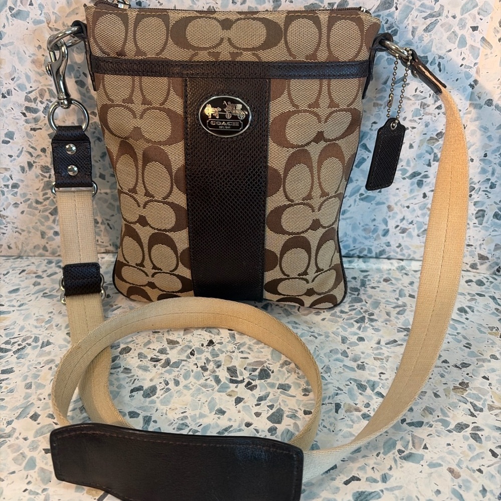 Coach Signature Stripe Swingpack Crossbody Bag 43976 Khaki Brown